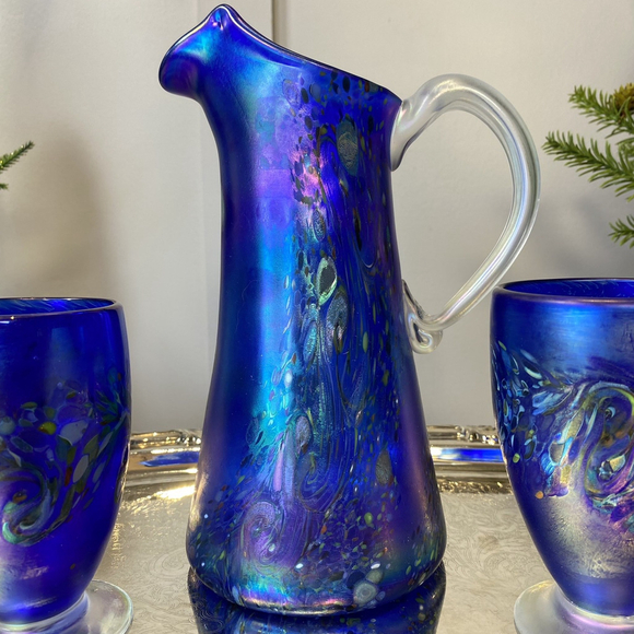 Hand Blown Venetian Italian Art Glass pitcher and glasses set Blue Color signed - Picture 2 of 14